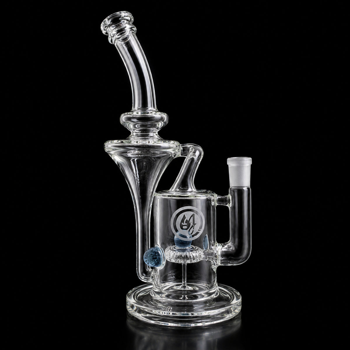 OJ Flame Bell Recycler in Blue Stardust, clear glass with blue marble accents, 14mm female joint, on black background