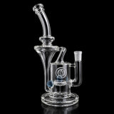 OJ Flame Bell Recycler in Blue Stardust, clear glass with blue marble accents, 14mm female joint, on black background