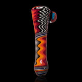 KJH Glass chillum F - red zigzag and black-white wave with blue-dot marble, standing view