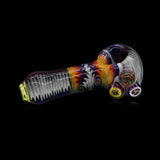 KJH Glass six-piece spoon C - navy dome and red starburst with yellow foot, side view