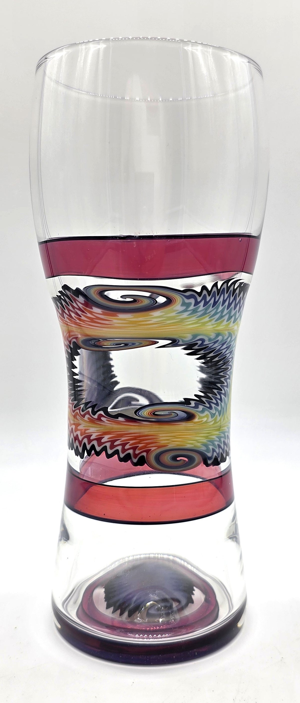 KJH Glass bipolar weizen cup, front — rainbow linework band with spiral cane
