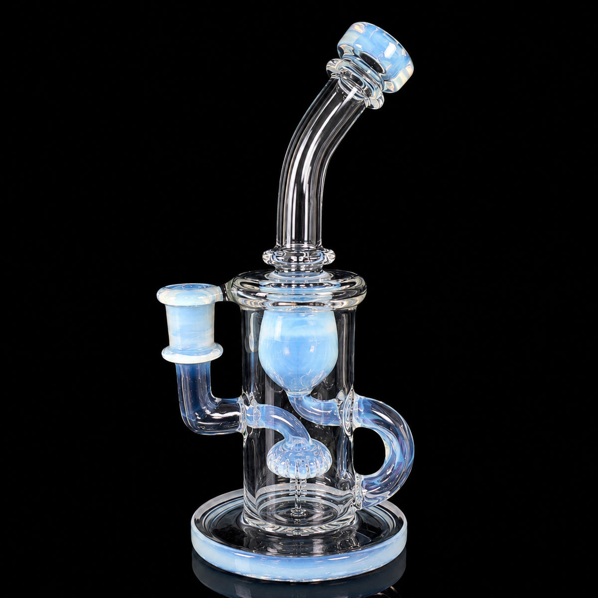 OJ Flame Color Klein recycler in Ghost colorway, milky blue accents, 14mm female joint, on black background