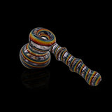 KJH Glass linework mini hammer bubbler B - clear and rainbow, angled view