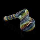 KJH Glass linework mini hammer bubbler D - green and rainbow, angled view