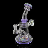 OJ Flame mini wig wag banger hanger in Pink Slyme, purple body with rainbow wig wag accents, 10mm joint, on black background