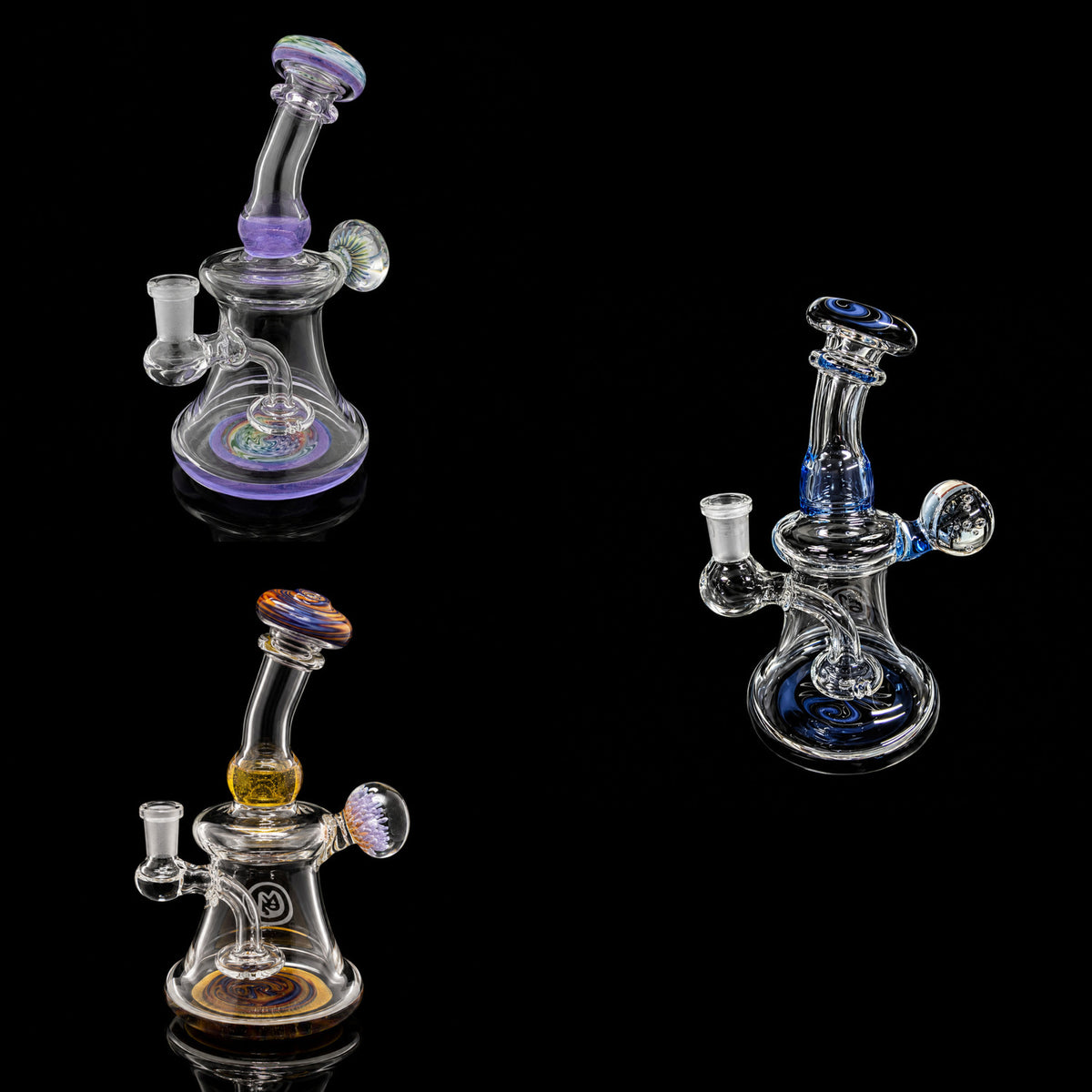 OJ Flame Mini Wig Wag Banger Hangers available colorways: Pink Slyme, Blue Dream, and Mai Tai, on black background