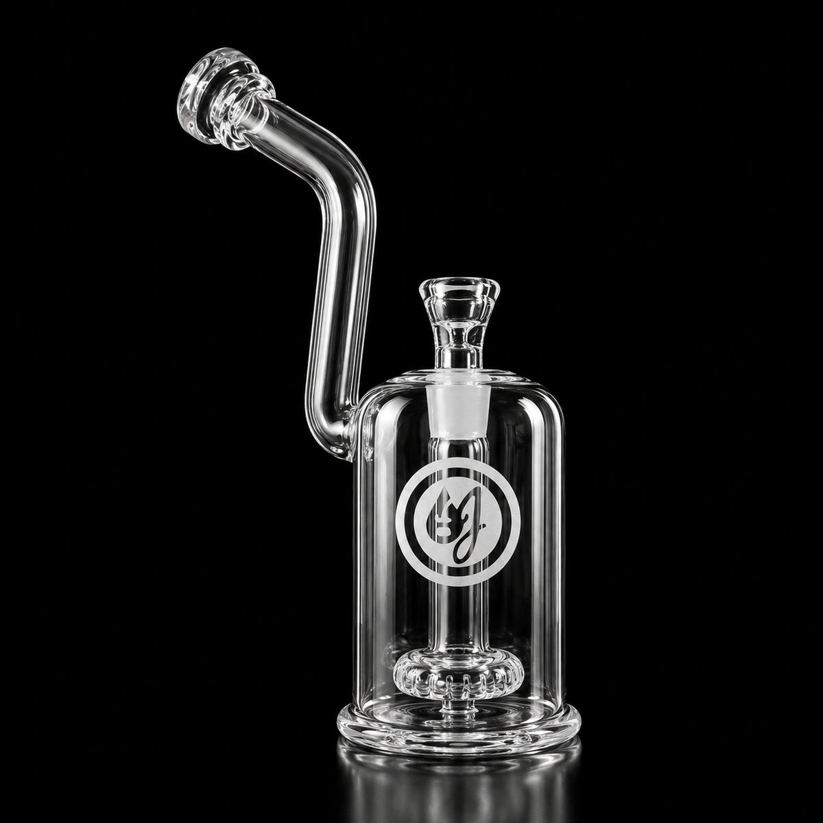 OJ Flame clear bubbler with circle perc, 18mm joint and 1-hole slide, on black background