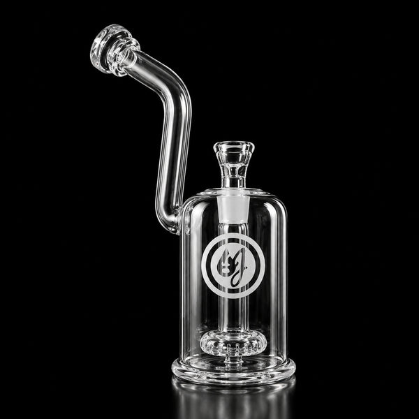 OJ Flame clear bubbler with circle perc, 18mm joint and 1-hole slide, on black background
